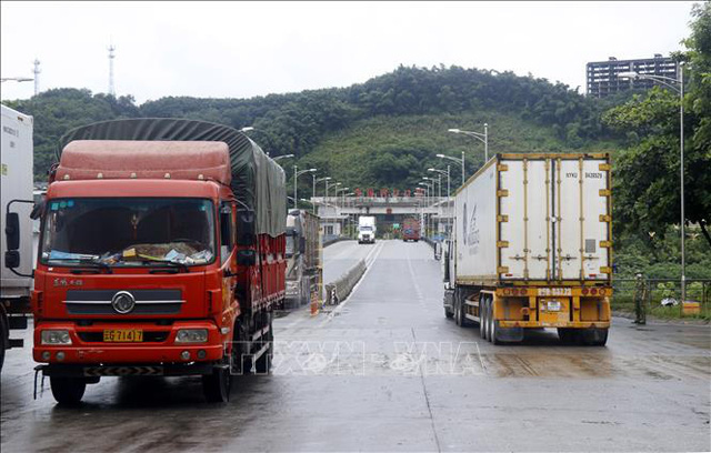 Các xe container chờ làm thủ tục xuất khẩu hàng nông sản tại cửa khẩu quốc tế đường bộ số II Kim Thành